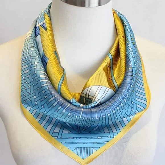 Yellow and Blue Pattern Mulberry Silk Neck Scarf  display picture 3